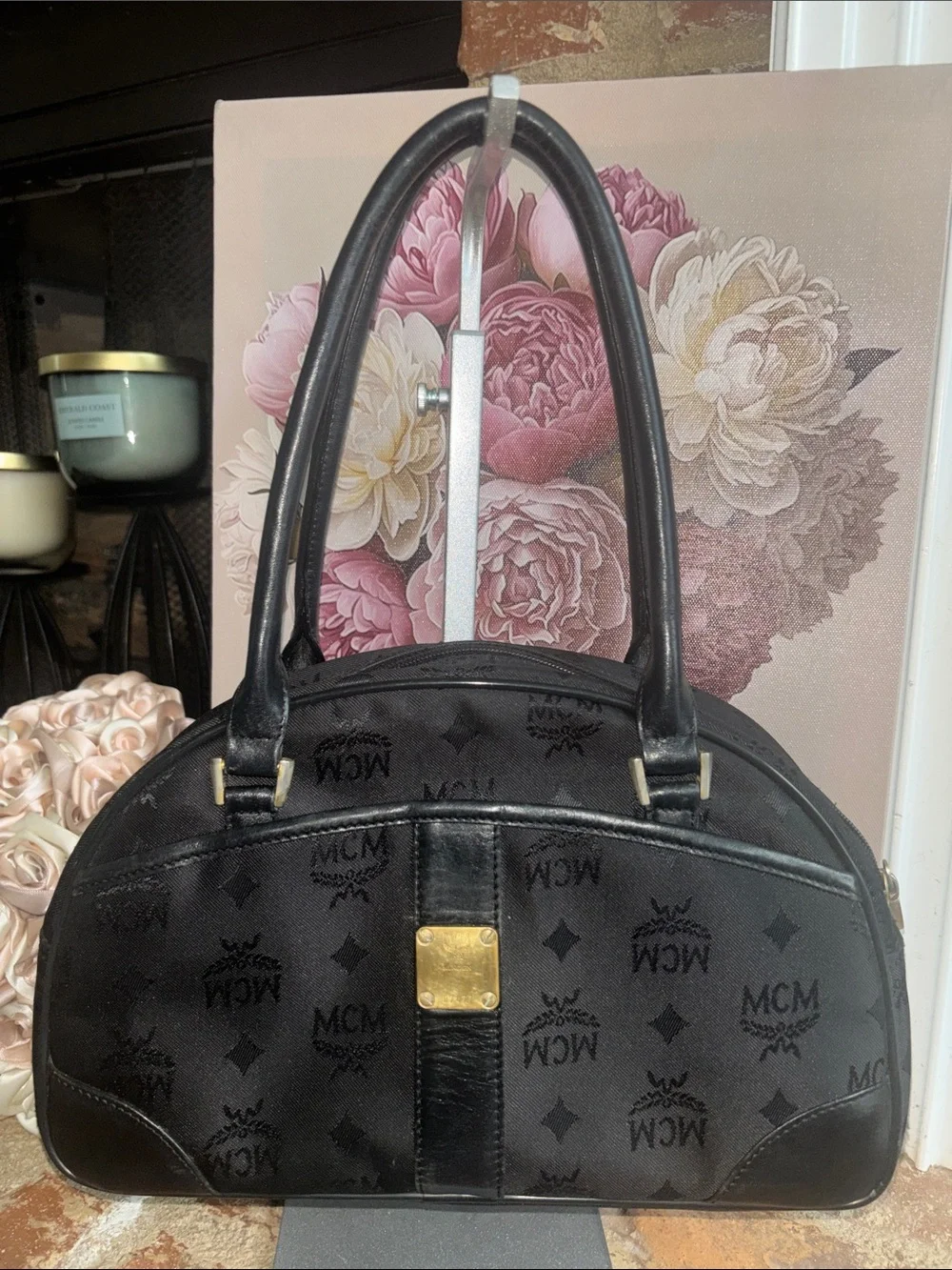 MCM Black Logo Dome Satchel with Gold Plaque